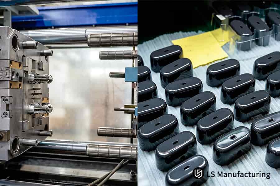 Lo stampaggio a iniezione di plastica OEM produce custodie per auricolari in ABS nero su un sistema di trasporto automatizzato.
