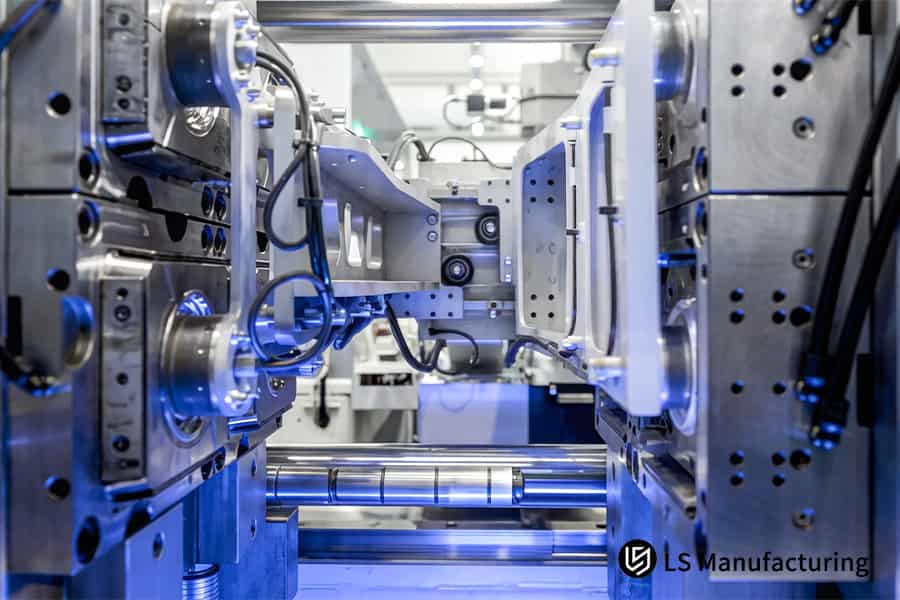 Molten thermoplastic flows into the mold cavity through precision nozzles for high volume production.