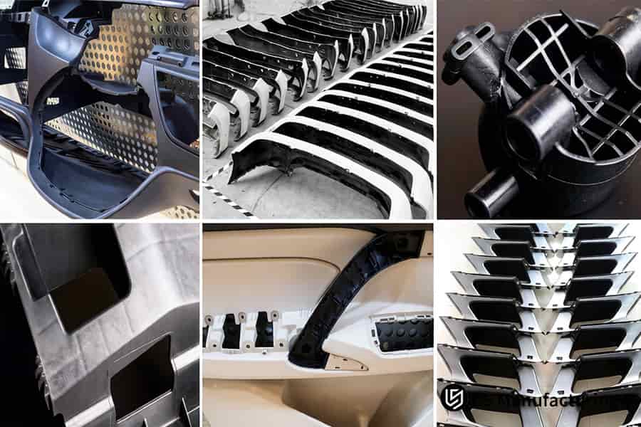The image details a complex automotive door substrate with ABS, EVA foam, and PVC surface layers.