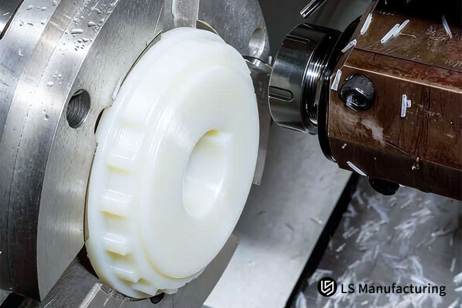 High strength nylon injection molding processes white nylon material in a cooled steel mold for industrial parts.