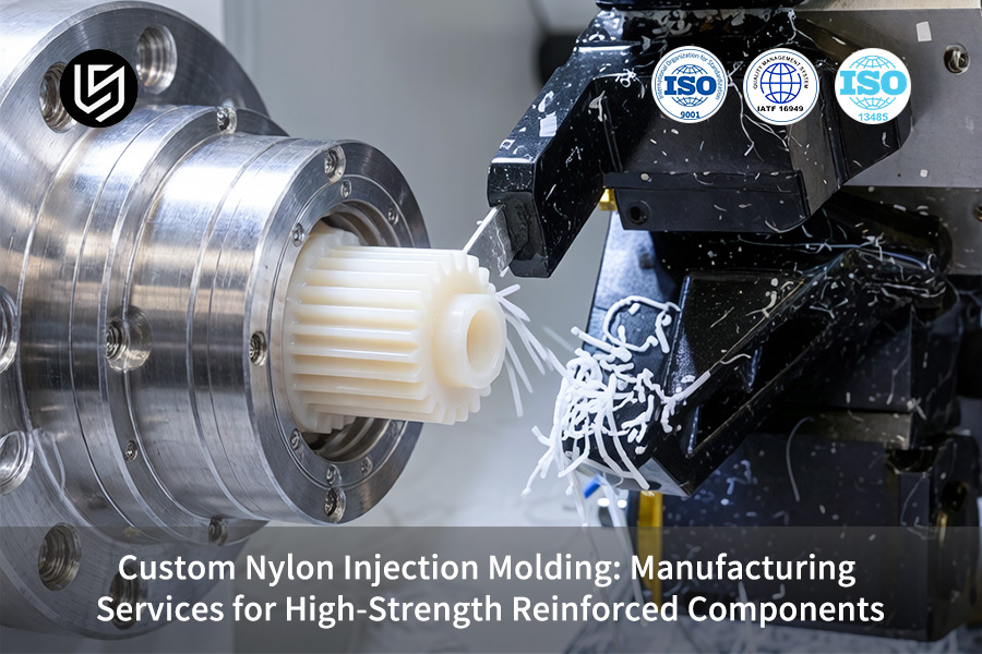 Glass reinforced nylon molding undergoes CNC machining on an ISO 9001 certified production line for precision gears.