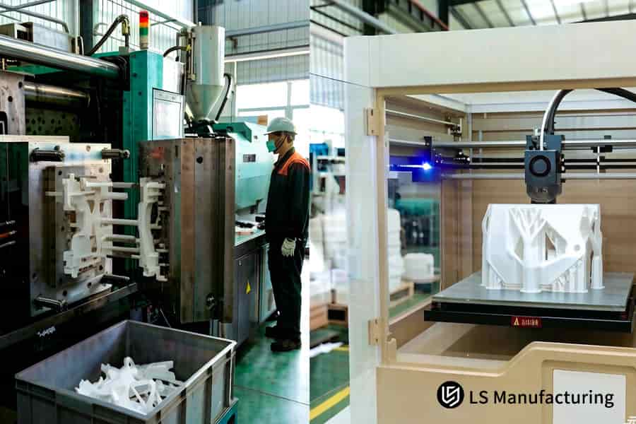 Сравнение литья пластмасс под давлением и услуг 3D-печати: слева — высокоскоростное литье, справа — аддитивное послойное нанесение.