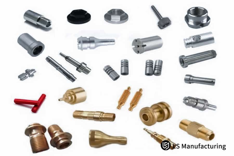 Coleção de componentes industriais usinados com precisão por CNC da LS Manufacturing.