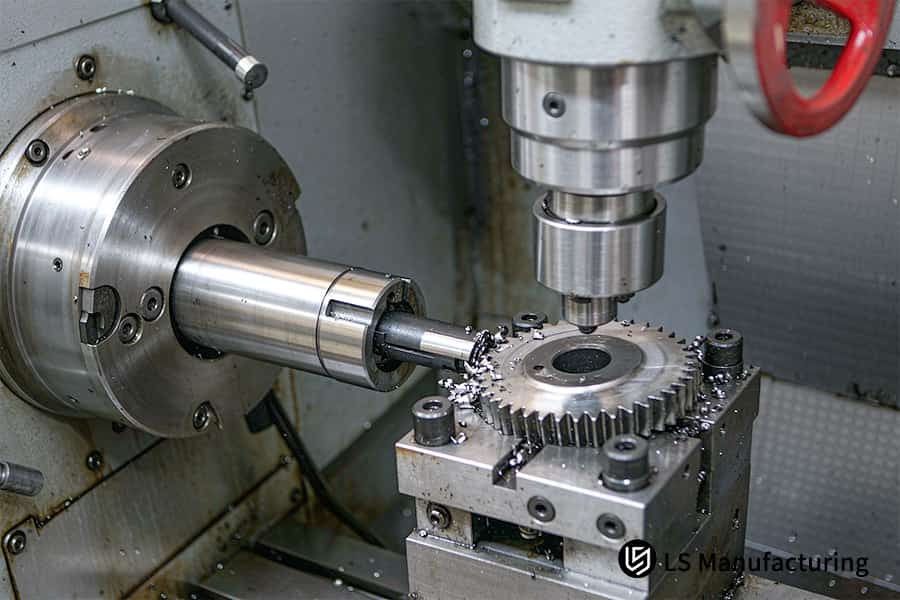 Precision gear manufacturer machines steel pinion to ±0.005 mm pitch.