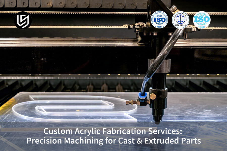 Precision machining service carves acrylic sign letters on cast acrylic sheet.