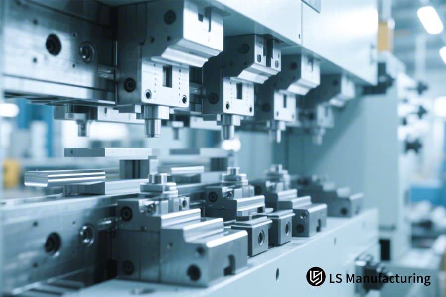 Una serie di stampi personalizzati per stampaggio metalli produce contatti elettronici ad alto volume per l'assemblaggio della scheda madre del computer.