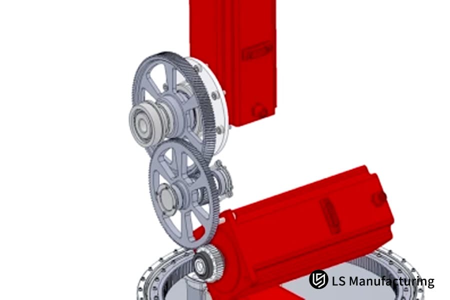 Sistema de transmissão por engrenagens vermelhas de precisão em close-up, fabricado pela LS Manufacturing.