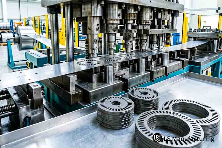 La linea di stampaggio a stampo progressivo produce nuclei statorici in acciaio al silicio per la produzione di motori elettrici.