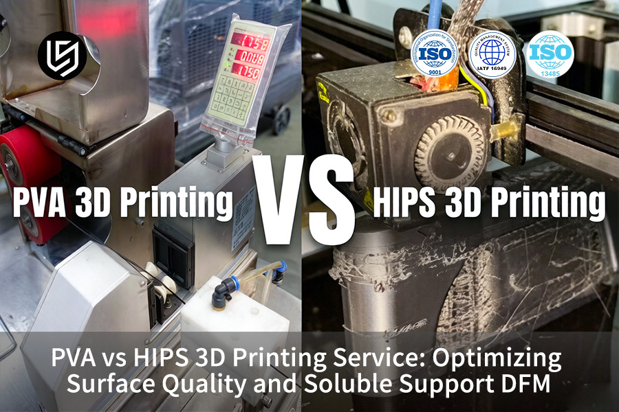 PVA vs HIPS 3D printing service compares white PVA supports against beige HIPS for architectural models.