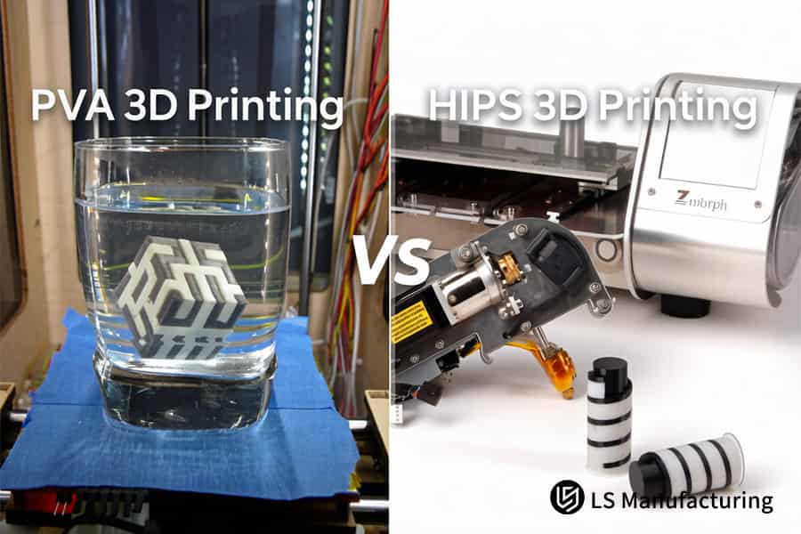 PVA vs HIPS printing compares water solubility of PVA supports versus limonene for complex assemblies.