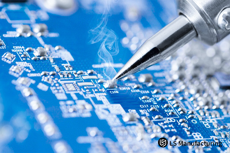 Löten von Komponenten auf eine Präzisionsplatine für End-to-End-Prototyping-Services für die Elektronik.