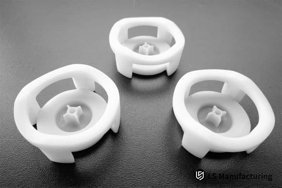 Displaying white plastic rapid prototype components for low-volume production and cost-effective partner selection.