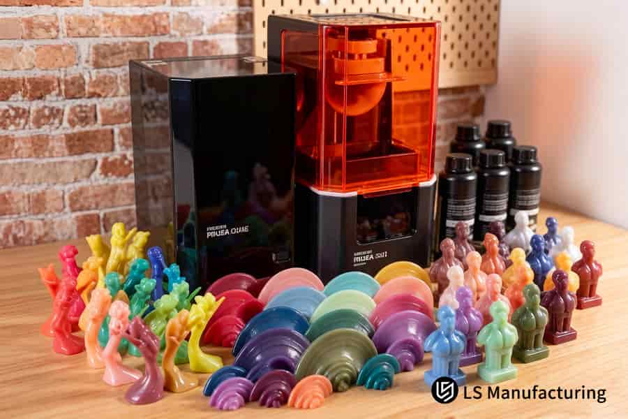 Un servicio de impresión 3D de resina cura capas de resina fotosensible de color para formar miniaturas detalladas.
