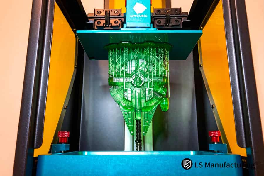 Resin 3D printing forms complex engine parts using green photosensitive resin in factory.