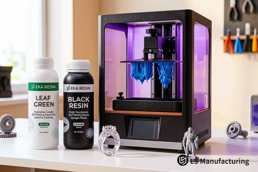 Resin 3D printing manufactures jewelry rings using liquid green black photosensitive resin.