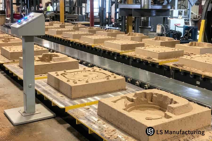 Automated conveyor systems transport large batches of precision sand molds through the foundry.