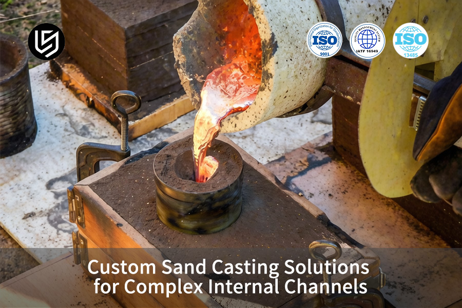 Custom sand casting service pours superheated liquid aluminum alloy to fill intricate sand cavities for heavy machinery parts.