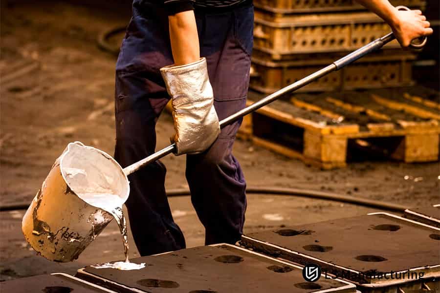 Skilled workers carefully ladle molten copper alloy into prepared green sand molds.