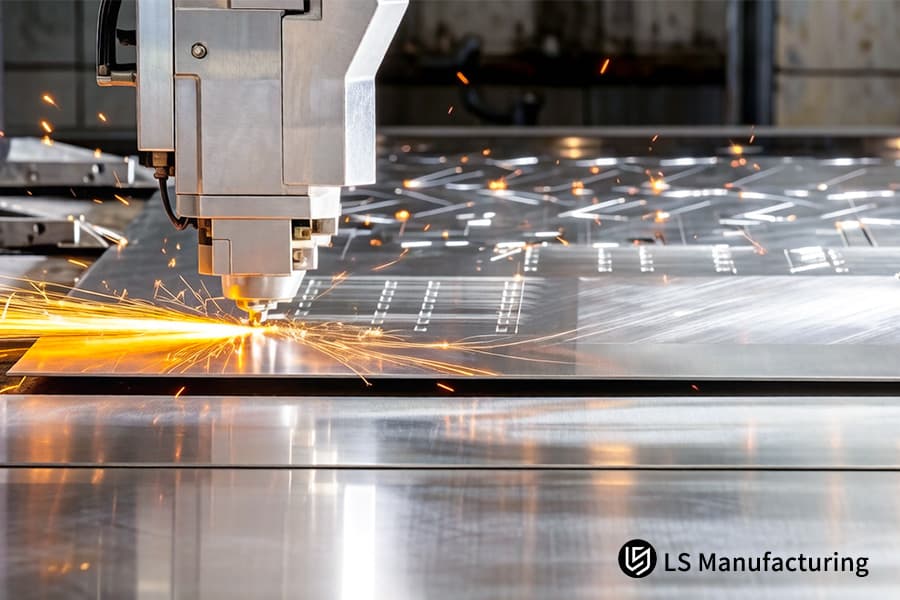 Les services de fabrication de tôlerie de précision découpent une pièce en acier au carbone personnalisée avec des étincelles pour les machines industrielles.