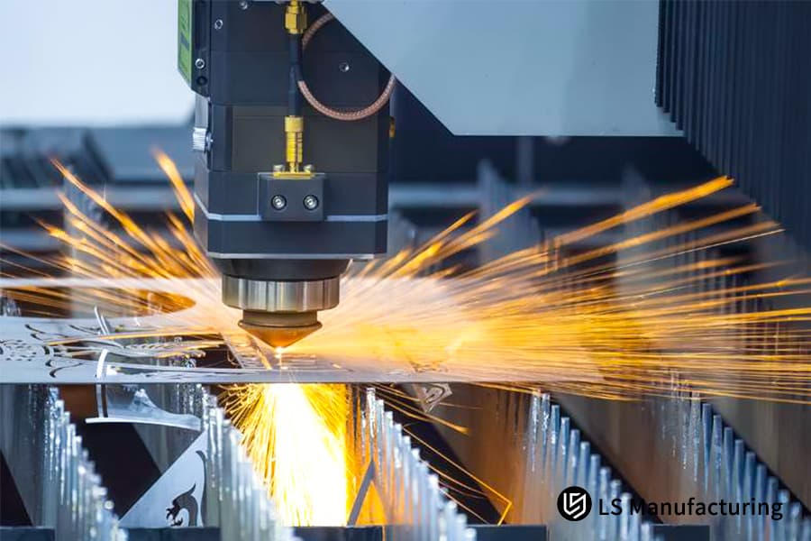 Cutting a high-tolerance steel sheet with a fiber laser for precision industrial machinery parts.