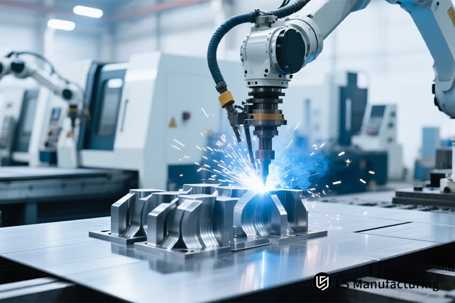 Welding a stainless steel bracket with a robotic arm for automotive chassis assembly.