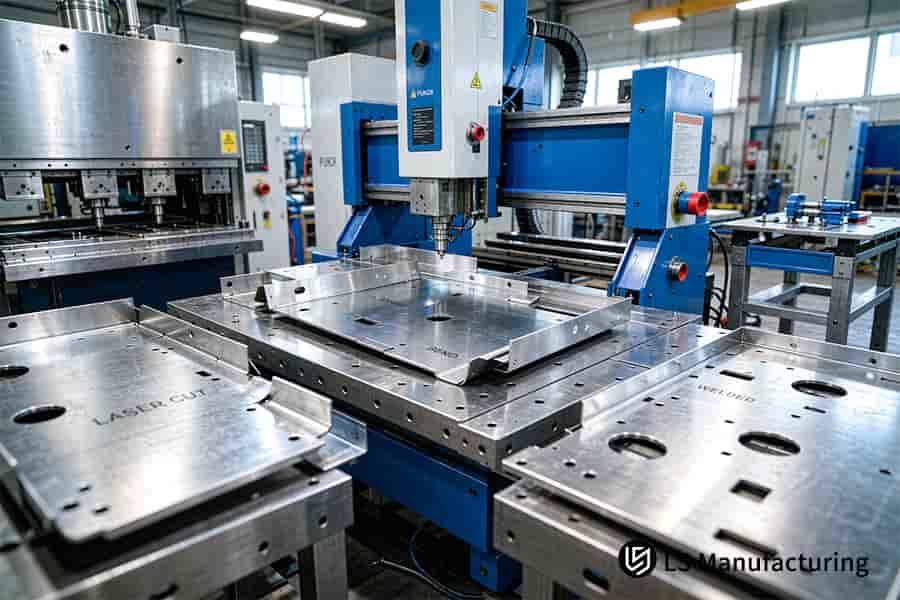 Eine Stanzmaschine erzeugt Löcher in Aluminiumplatten für Gehäuse von Industrieanlagen.