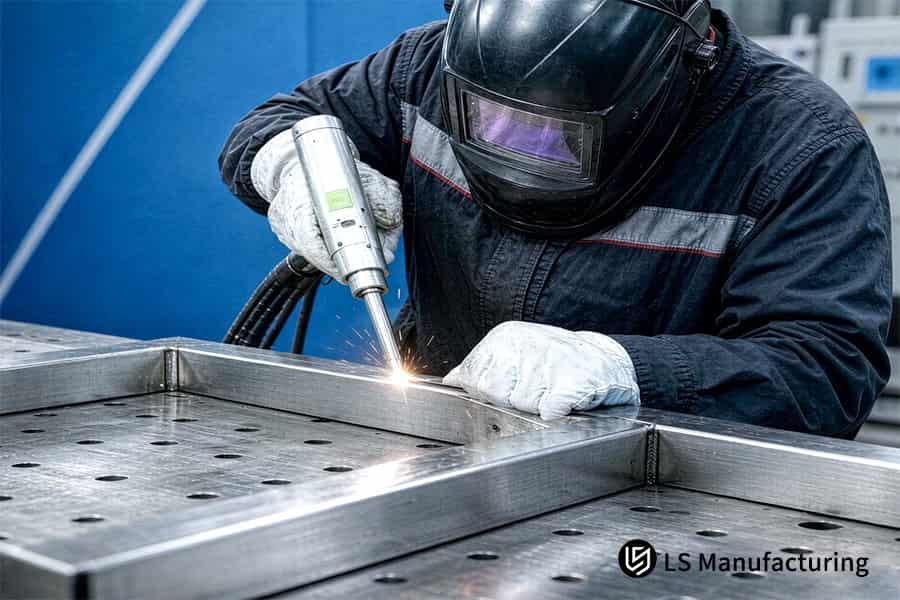 Beim Schweißen werden Kohlenstoffstahlplatten zu einer Metallrahmenkonstruktion verbunden.