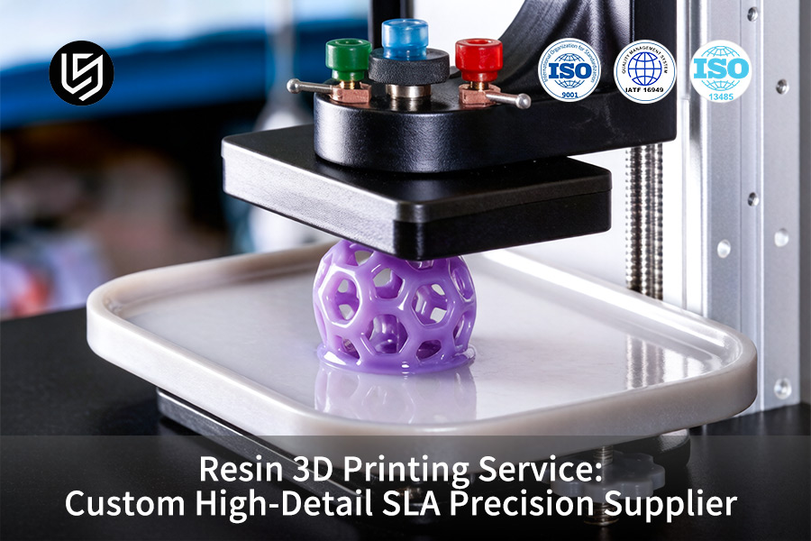 El servicio de impresión 3D SLA cura mediante láser un anillo de resina púrpura en la plataforma de construcción.