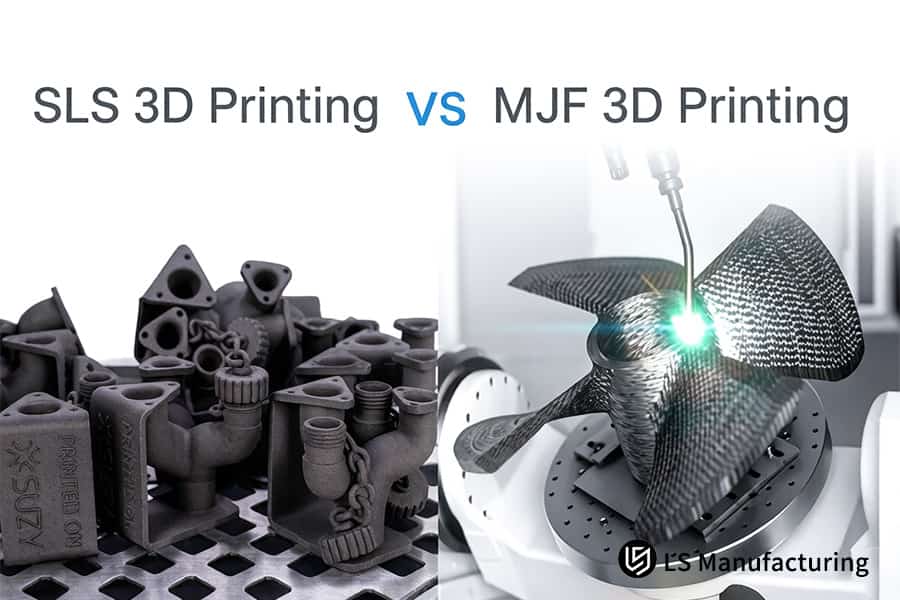 SLS 3D printing manufactures black pipe fittings and MJF 3D printing fuses carbon fiber layers.