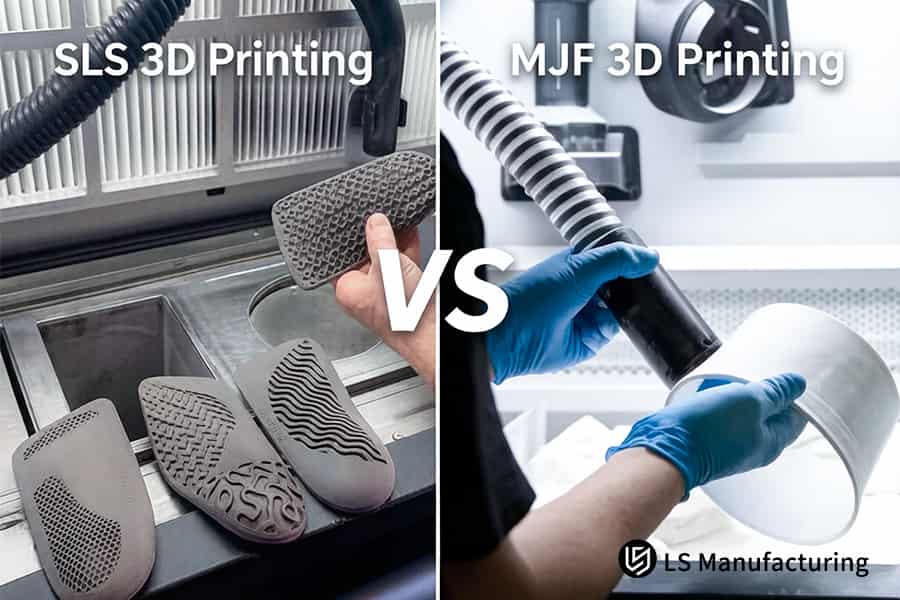 SLS 3D printing forms gray industrial gasket while MJF 3D printing produces white buffer ring.