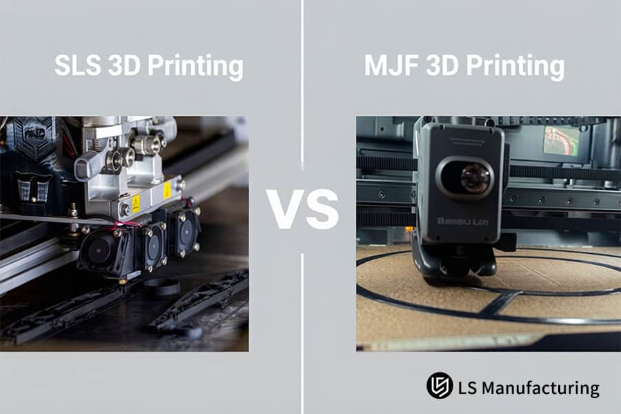 SLS 3D printing laser scans powder bed and MJF 3D printing nozzle dispenses thermoplastic agent.