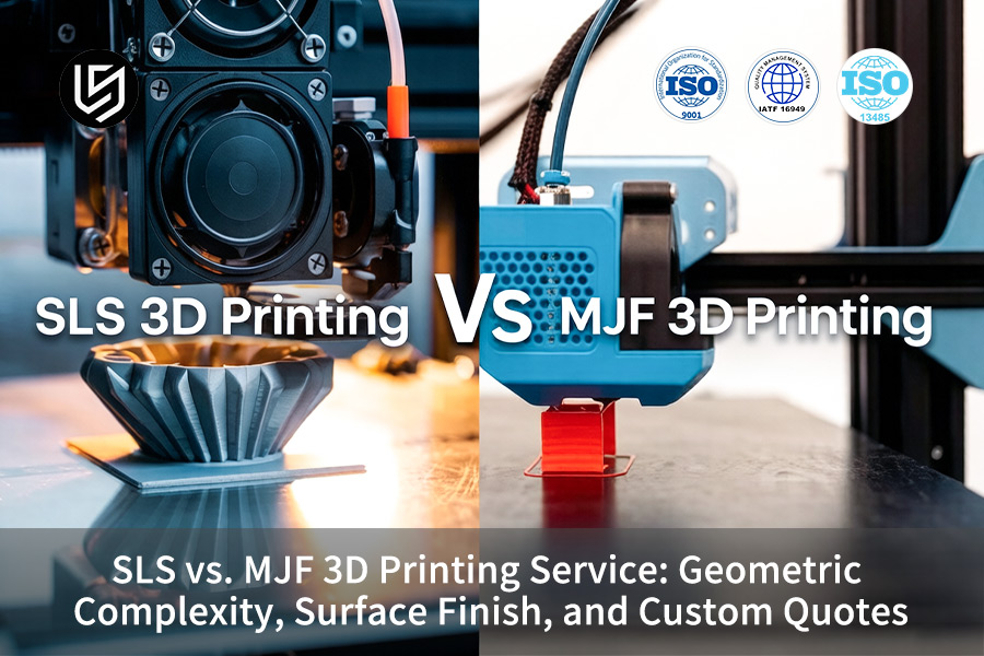 SLS vs MJF 3D printing service sinters metal impeller blades while depositing red nylon material.