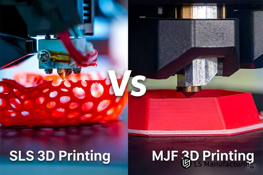 SLS 3D printing creates red lattice structure and MJF 3D printing produces red solid block.