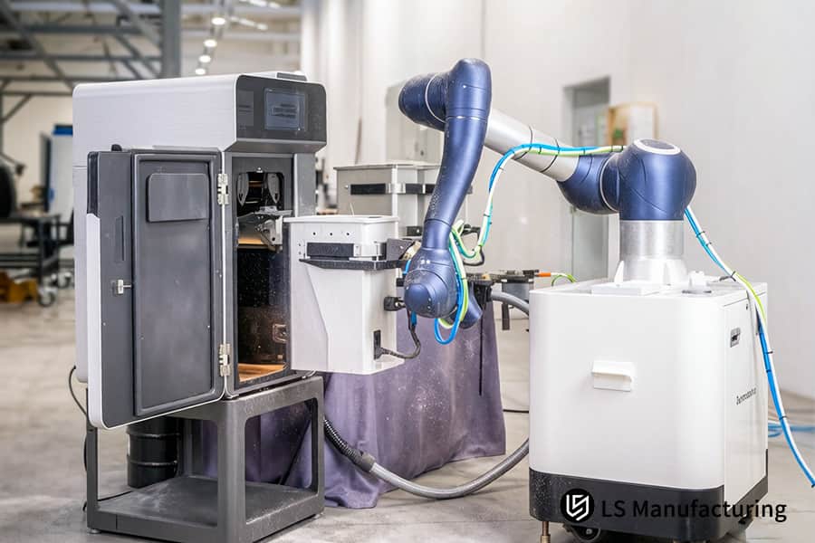 自動ロボット アームが、加熱された SLS ナイロン コンポーネントを冷却ステーションに効率的に搬送します。
