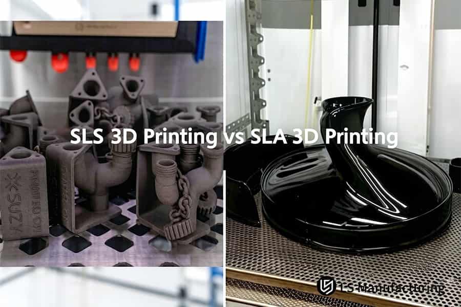 SLS 3DプリンティングとSLA 3Dプリンティングによる成形品:パイプ継手と黒色のSLAモデル。