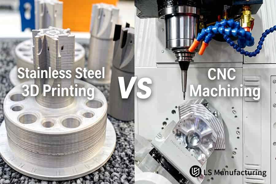 Impression 3D en acier inoxydable vs usinage CNC, soudures, structures en treillis imprimées et fraisages de boîtiers de vannes de précision.